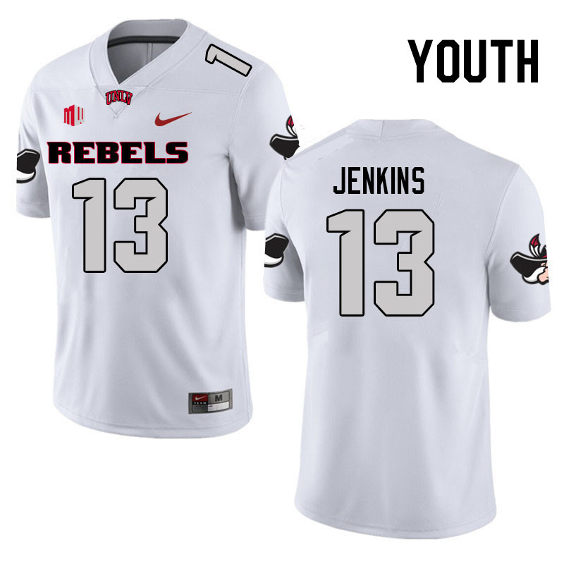 Youth #13 Cameren Jenkins UNLV Rebels College Football Jerseys Stitched Sale-White - Click Image to Close